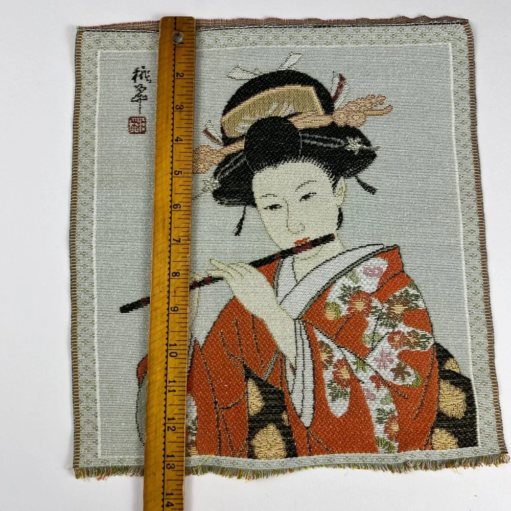 VTG Japanese Geisha Woven Tapestry Art Unisex 13x12 Manga Flute Decor Minimal